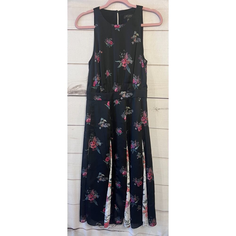 Ted Baker Midi Dress Size 1 Black With Floral Print‎ Chic Classy
